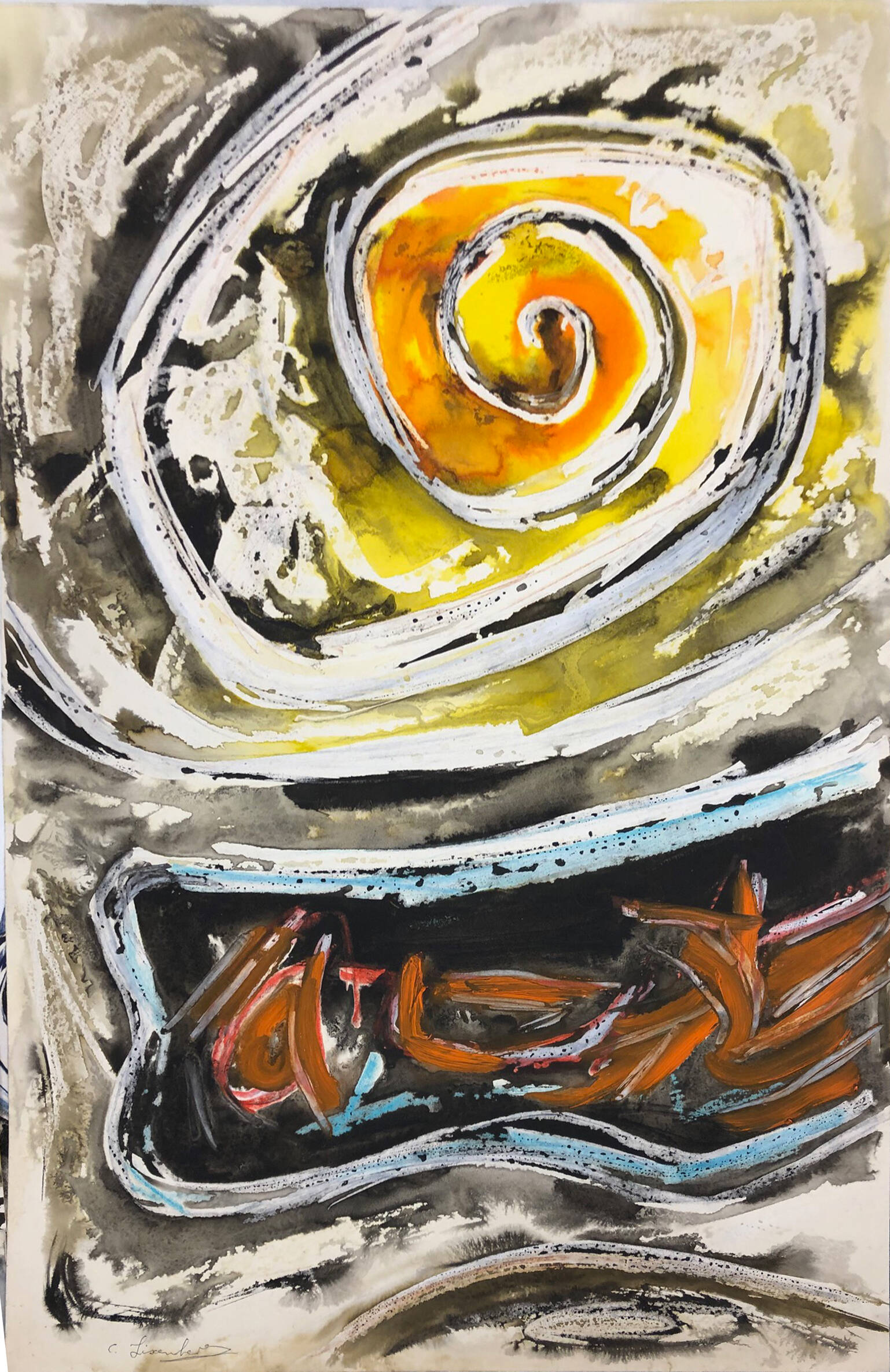 Abstract painting with a lot of swirling black and white with smaller areas of orange, yellow, red, and blue.